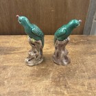 Vtg Pair Chinese Sancai Green Glazed Ceramic Parrot Figurines Perched Rock Base