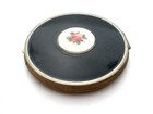 Vintage Guilloche Enamel Rose Black Compact Round Rouge Puff Mirror Vanity