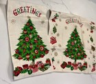 2 Vintage Christmas Dish Tea Towel Linen Cloth 50s Tree Ornaments Presents 16x27