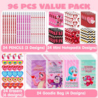 96pcs Valentines Stationery Set Pencils Notebooks Erasers Bags Classroom Gifts