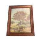 Vintage Framed Pastoral Landscape Art Print Horse Cart Cottage Rustic Wood Frame