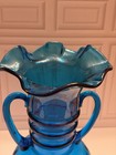Vintage Mid Century Hand Blown Cobalt Blue Glass Vase Ruffled Rim Handles 10 