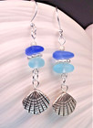 Blue aqua Shades Cultured Sea Glass Earrings With Shell Charm 1-3 4 l