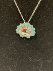 Vintage Zuni Sunface Pendant Sterling Silver Turquoise Coral Inlay Necklace 18   