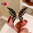 Vintage Black Enamel Butterfly Brooch Gold Tone Crystal Rhinestone Pin