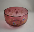 Vintage Cranberry Glass Bowl With Hand Painted Blue Flower Design