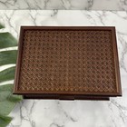 Vintage 90s Wood Jewelry Music Box New Brown Cane Trim Tropical Mirror