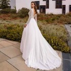 Sexy Boho Chiffon Wedding Dresses V-neck Long Sleeved Lace Applique Bridal Gowns