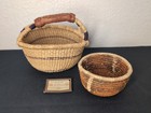 African Ghana Bolga Woven Market Basket Straw Grass Leather Handle Size Small  1