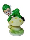 Vintage Pixie Elf On Mushroom Figurine Bisque Green Yellow Decor Woodland 4 