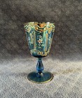 Antique Vintage Bohemian Hand Blown Gilt Floral Enameled Blue Glass Cup