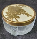 Vintage Ribbed Footed Glass Powder Vanity Dresser Jar Gold Tone Lid Trinket Box 