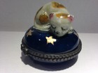 Trinket Box Vintage Sleeping Cat Porcelin Metal Hinged