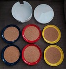Vintage Mcm Retro 4  Plastic Cork Coasters Set   White Tin W Red Yellow Blue