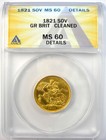 1821 Britain George Iv Gold Sovereign Coin 1s - Certified Anacs Ms60 Details Unc