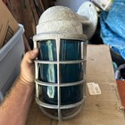 Vtg Industrial Explosion Proof Light Cage Fixture Blue Glass 11  Long 4  Dia 