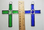 2 Stained Glass Crosses Blue Green 4   x 2 5    Christmas Ornament Suncatcher