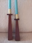 Pair Vintage Walnut   Brass Mid Century Modern Candle Holders Danish Style 11 9 