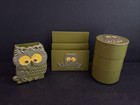 Vintage 1970s Avocado Green Yellow And Gold Owl Desk Set 3 Pc Retro Desk Set