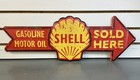 24  Reproduction Shell Gasoline Sold Here Gas Station Motor Oil Arrow Metal Sign