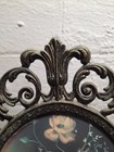 Vintage Oval Metal Filigree Picture Frame Convex Glass W  Floral Picture   13 5 
