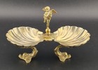 Antique Brass Figural Angel Cherub Dolphin Nickle Silver Shell Salt Cellar Dish