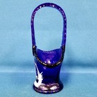 Vintage 7  Rosso Art Glass Basket Cobalt Blue Signed Hand Painted Skater Scene