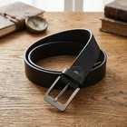 Men   s Black Genuine Leather Belt Silver Square Buckle Casual Formal Dress Strap