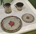 Vintage Ohio Art Tin Toy Tea Set Child Dishes 1950s Rose Creamer Cup Plate 4pc