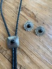 Vintage Navajo Black Onyx Bolo Tie And Earrings