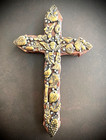 Vintage Mexican Folk Art Milagros Cross  20 Charms solid Wood  6 5x4   Hand Made