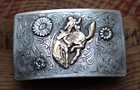 Vtg Rare Sterling Silver 10k Gold Cowboy Rodeo Bronc Rider Western Belt Buckle