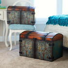 Vintage Large Wooden Storage Trunk  Blue Body  Brown Lid  Floral Design