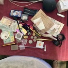Vintage Junk Drawer Lot Locks Coins Pins Post Cards
