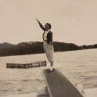 Rare Old Vintage Photo Fully Clothed Lady On Dock Pointed Up