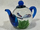 Hand Blown Art Glass Teapot Floating Butterfly Paperweight Blue Collectible