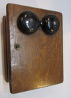 Antique 1890 s Double Brass Bell Mortised Corner Wood Crank Telephone Ringer Box