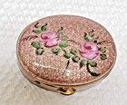 Vintage Guilloche Enamel Pink Rose On Rose Gold Pill Box 1 5 X 1 1 8