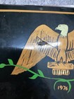 1976 Folk Art Tole Painted Wood Foot Stool Black Gold Eagle Americana C2