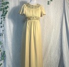 Vtg 70s Gold Boho Hippie Maxi Dress Crochet Flutter Sleeves Size S