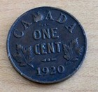 Canadian One Cent Coin  1920 - King George V Free Shipping 