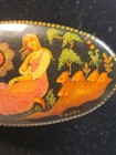 Vintage Russian Wooden Black Lacquered Hand-painted Flower And Girl Brooch 