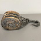 Vintage Wood Steel Block   Tackle Triple Pulley Crescent Moon Mark Antique