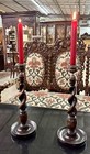 Antique Style Large 14  Tall Carved Wooden Barley Twist Candlesticks With Bronze