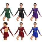 Girls Leotard Mesh Sleeve Ice Figure Skating Dress Open Back Dresses Shiny