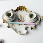 Vintage Kalk Germany Porcelain Floral Gilt Trim Double Ink Well Ladies Desk Set