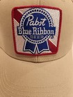 New Pabst Blue Ribbon Beer Embroidered Patch Logo Beige Trucker Hat Cap