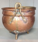 Vintage Copper Pot Cauldron Footed Planter Brass Handle Verdigris Patina Used