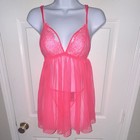 Victoria   s Secret Pink Lace Mesh Sheer Babydoll Sleepwear Set M