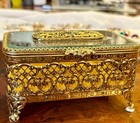 Vintage Matson Ormolu Jewelry Box Gold Filigree Flower Casket Bevel Glass Footed